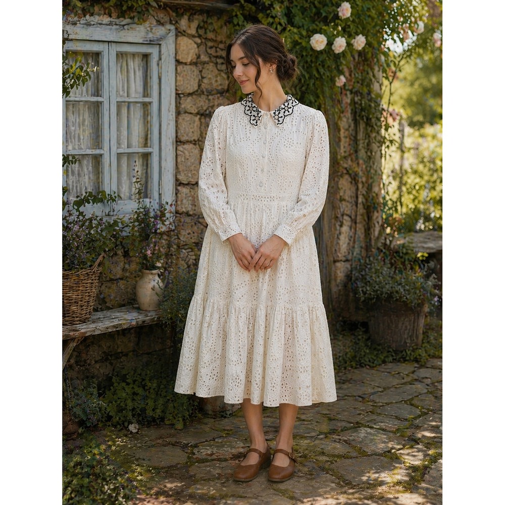 Paper Parachute Eyelet Lace Midi Dress XL Cream Cottage Coquette Modest Feminine